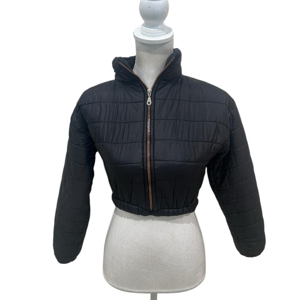 Unbranded Black Puffer cropped lightweight faux fur lined Jacket zip up sz xs